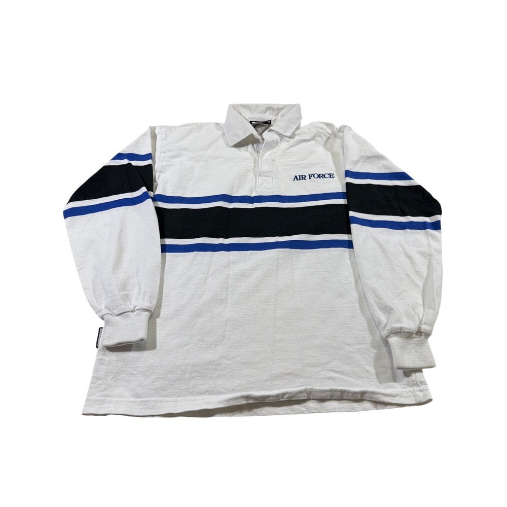Barbarian Casual Rugby Shirt White Air Force Striped Long Sleeve Polo 2000s M